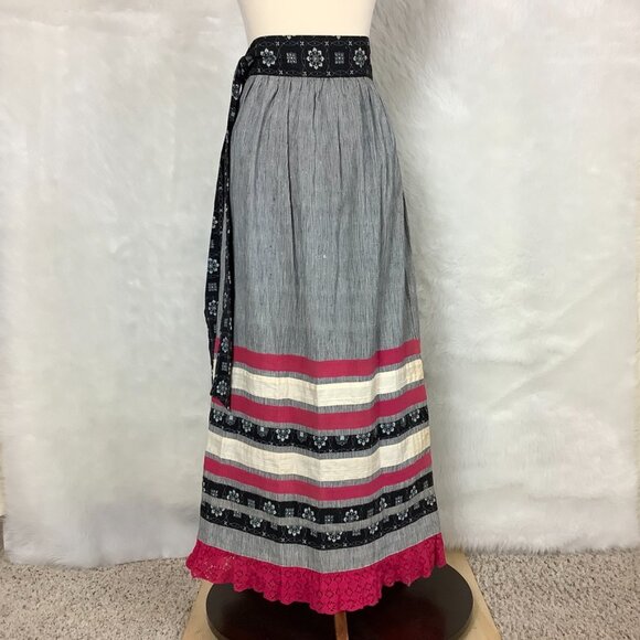 Vintage 60s 70s Peasant Striped Mixed Print Crochet Hem Maxi Skirt 6 - Picture 4 of 6